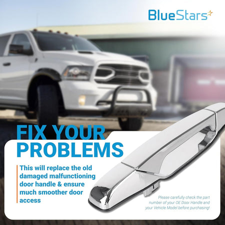 Chrome front right passenger side exterior door handle replacement part shown against a truck background.