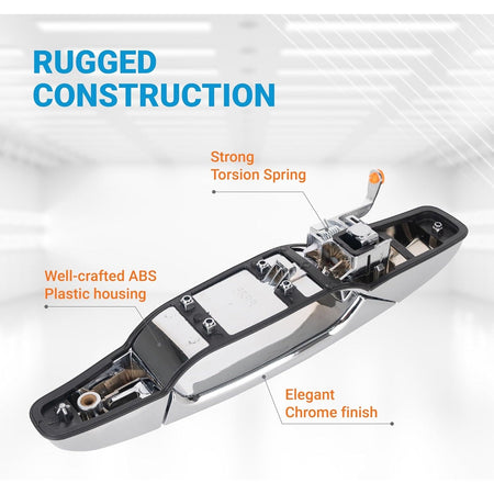 Rear view of front right passenger side chrome exterior door handle showing ABS housing and torsion spring.