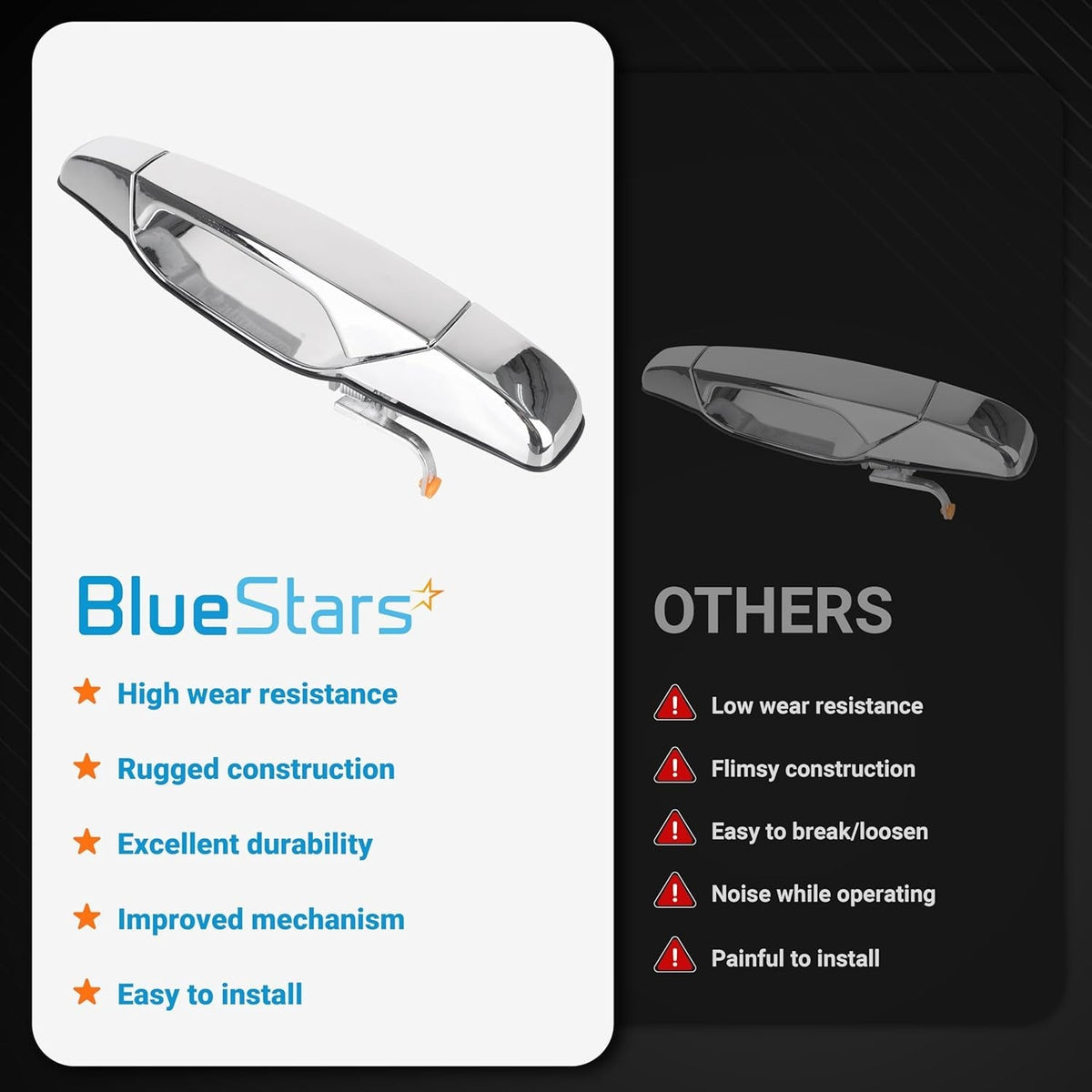 Comparison chart showing BlueStars front right passenger side chrome exterior door handle features versus others.