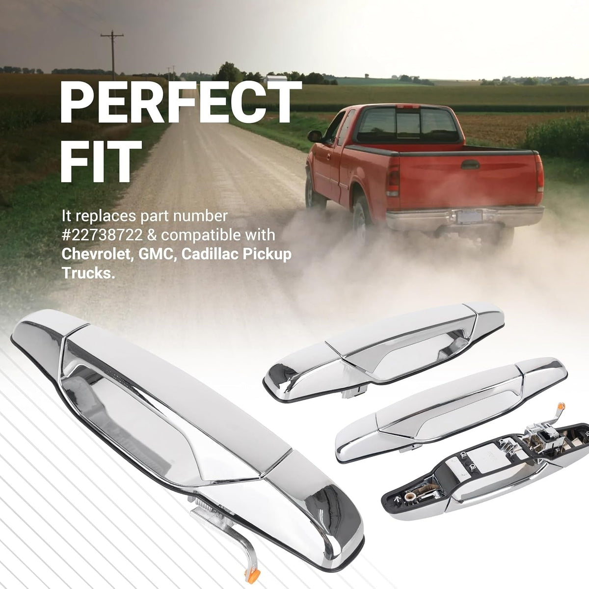 Set of chrome exterior door handles for Chevrolet, GMC, and Cadillac pickup trucks, replacing part 22738722.