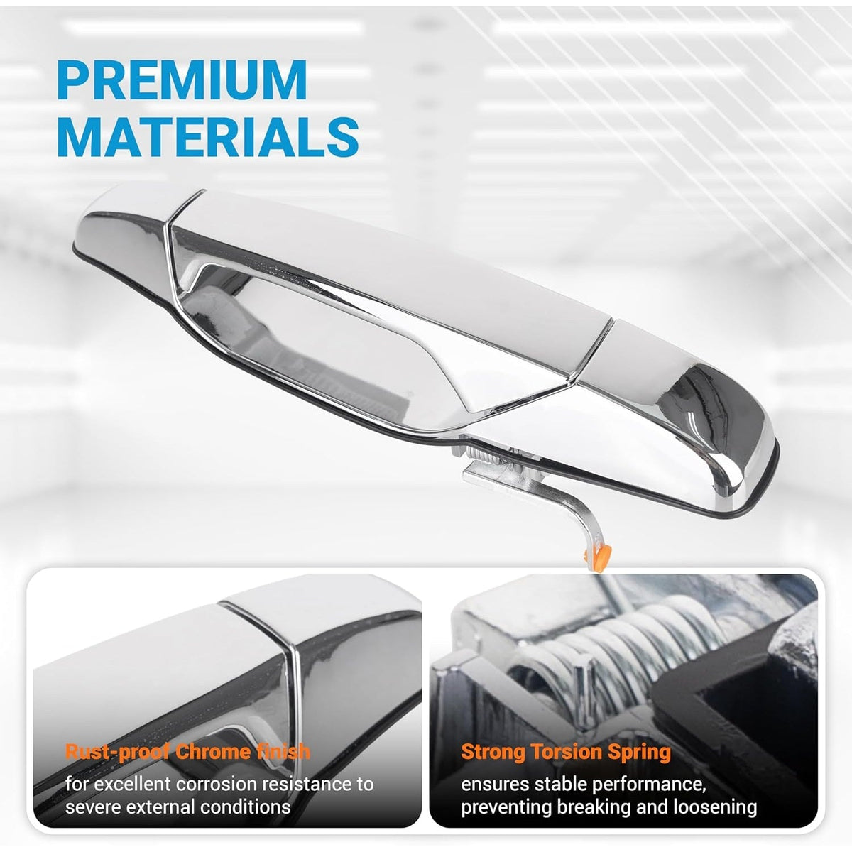 Front right passenger side chrome exterior door handle with close-up views of the rust-proof finish and torsion spring.