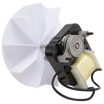 SM550 bathroom fan replacement motor with attached white plastic blower wheel and power wires.