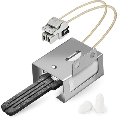 WB13X25500 gas range oven igniter with mounting bracket, wire harness, and two wire nuts.