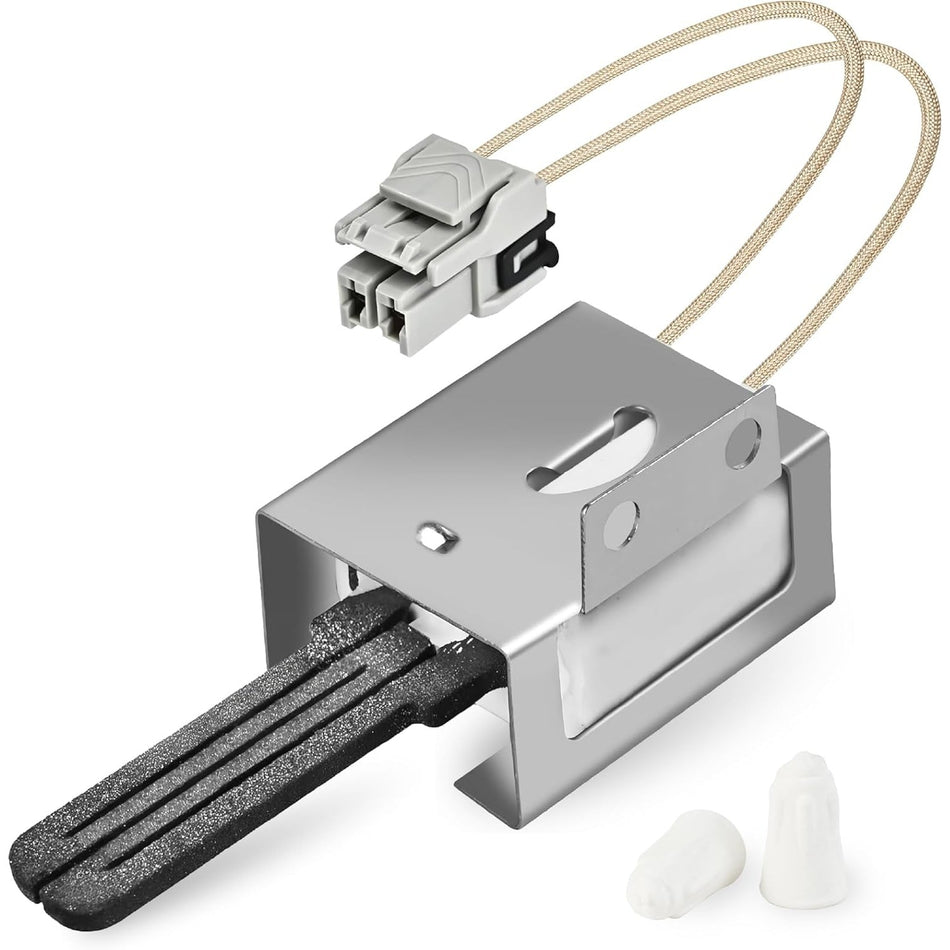 WB13X25500 gas range oven igniter with mounting bracket, wire harness, and two wire nuts.