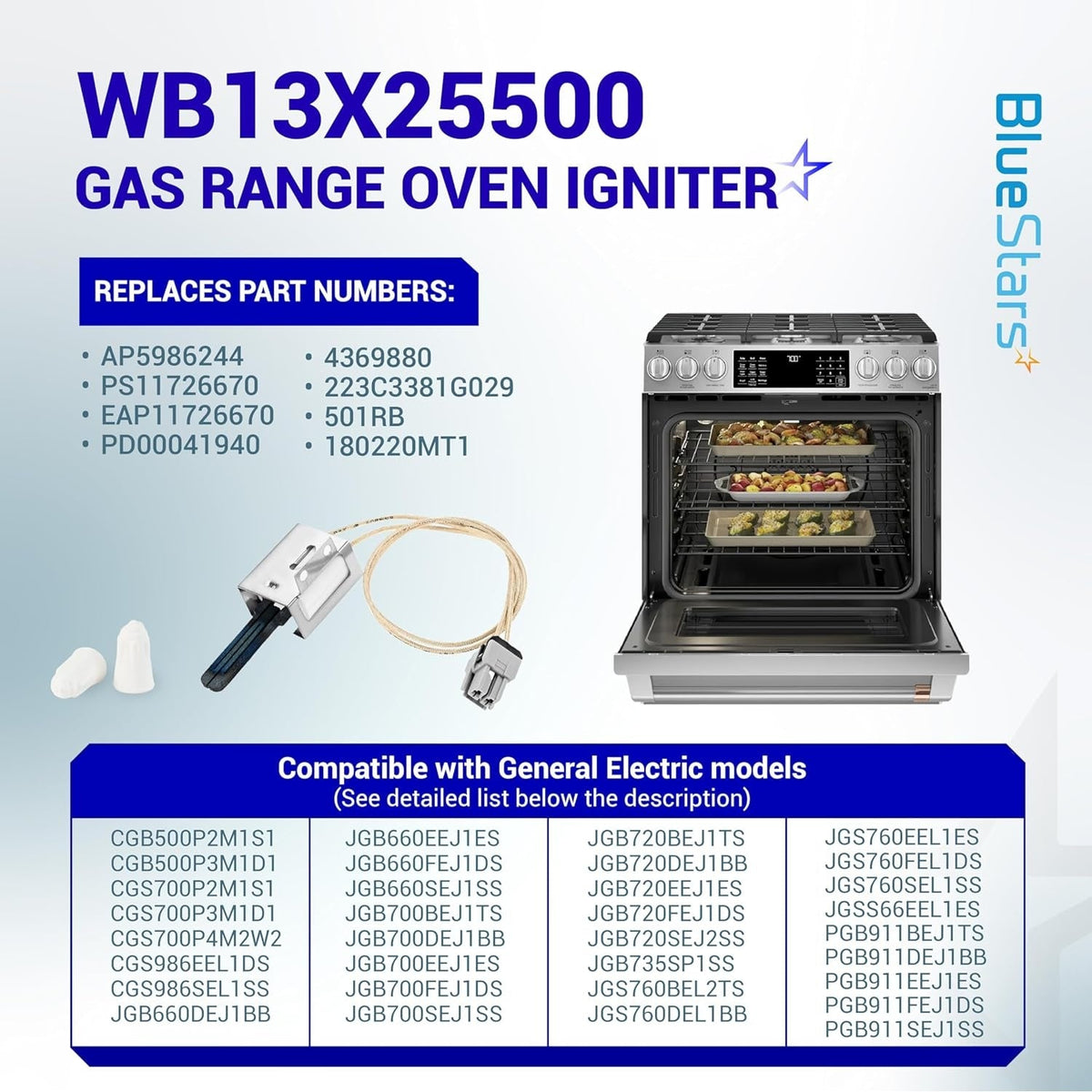 Infographic showing WB13X25500 gas range oven igniter, compatible GE oven models, and replacement part numbers.