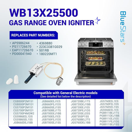 Infographic showing WB13X25500 gas range oven igniter, compatible GE oven models, and replacement part numbers.