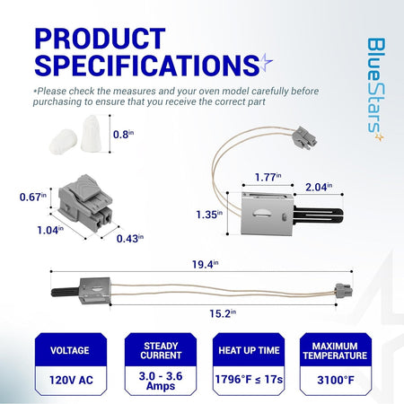 WB13X25500 gas range oven igniter technical specification diagram with dimensions, voltage, and temperature ratings.