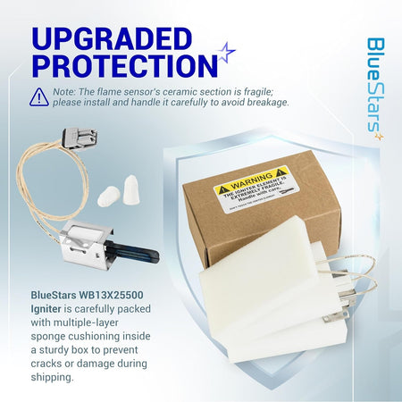 WB13X25500 gas range oven igniter shown with protective foam packaging and shipping box for safe delivery.