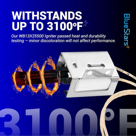WB13X25500 gas range oven igniter showing heat resistance testing up to 3100 degrees Fahrenheit.