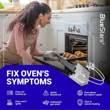 WB13X25500 gas range oven igniter replacement part shown with infographic of common oven heating symptoms.