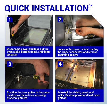 Four-step installation guide for WB13X25500 gas range oven igniter showing removal and replacement process.