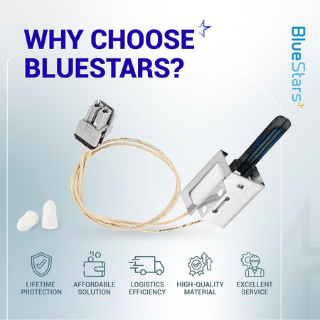 WB13X25500 gas range oven igniter with wire harness and wire nuts, featured in a BlueStars promotional graphic.