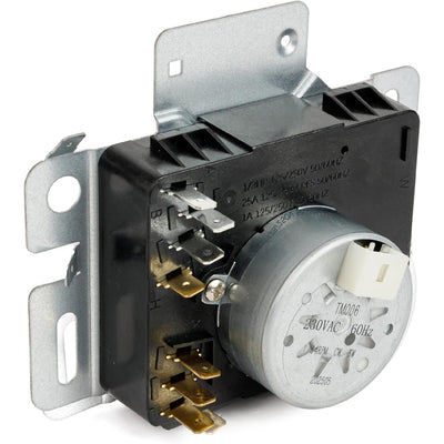 W10745655 dryer timer replacement with metal mounting bracket and electrical terminals, side view.