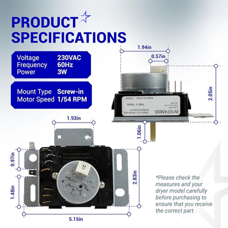 W10745655 dryer timer technical specification diagram showing dimensions and electrical ratings for Whirlpool dryers.