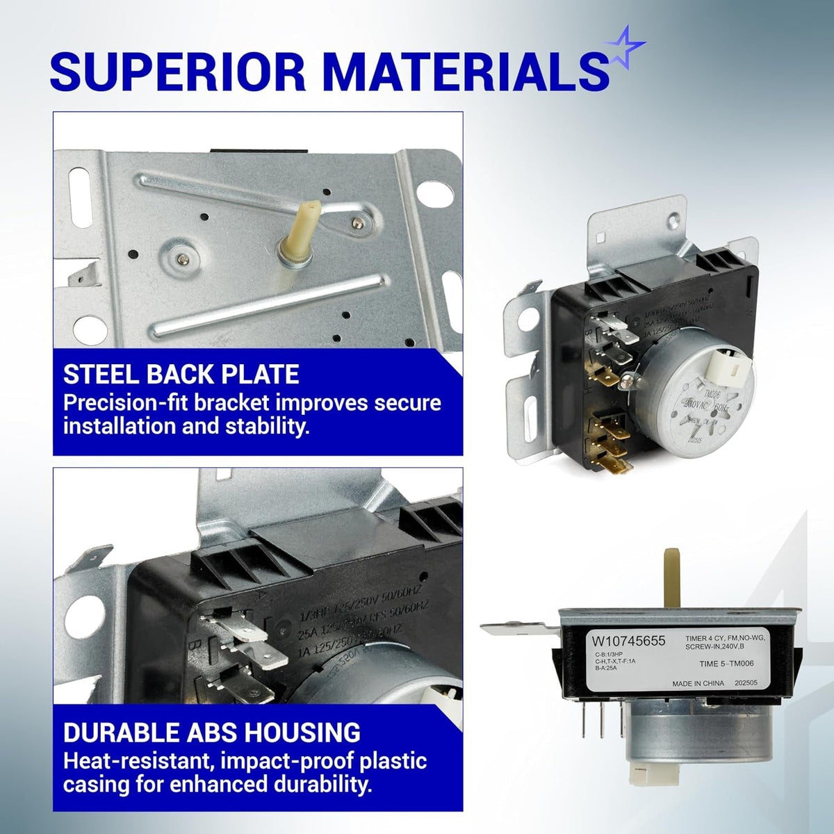 W10745655 dryer timer showing steel back plate and durable ABS housing construction details.