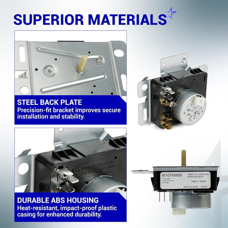 W10745655 dryer timer showing steel back plate and durable ABS housing construction details.