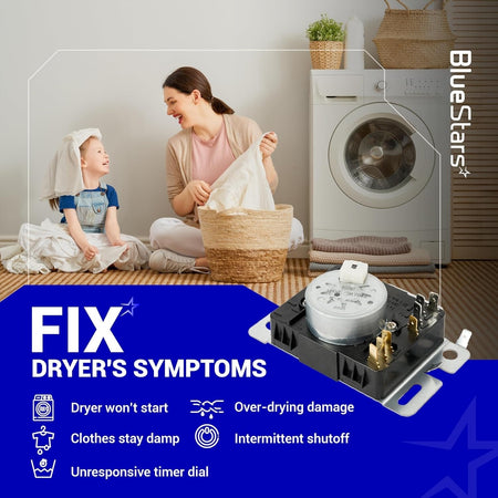 W10745655 dryer timer replacement part shown with a graphic illustrating common dryer repair symptoms.