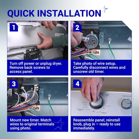 Four-step installation guide for W10745655 dryer timer showing panel removal, wiring, and knob replacement.