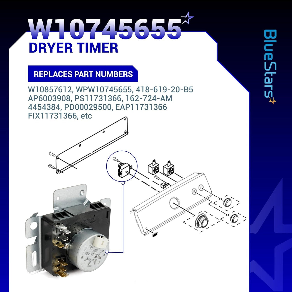 W10745655 dryer timer technical diagram showing installation components and replacement part numbers.