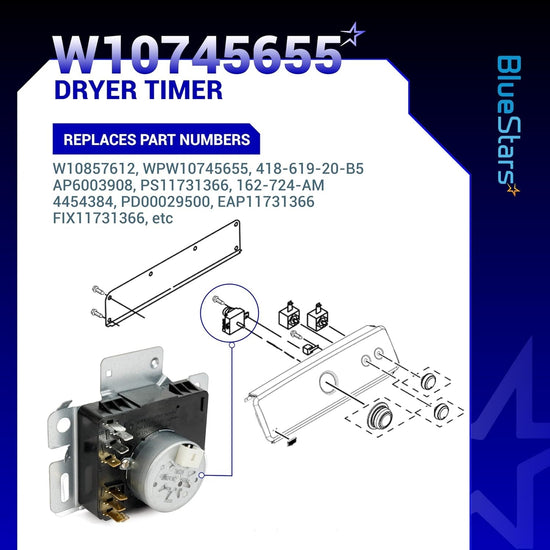 W10745655 dryer timer technical diagram showing installation components and replacement part numbers.