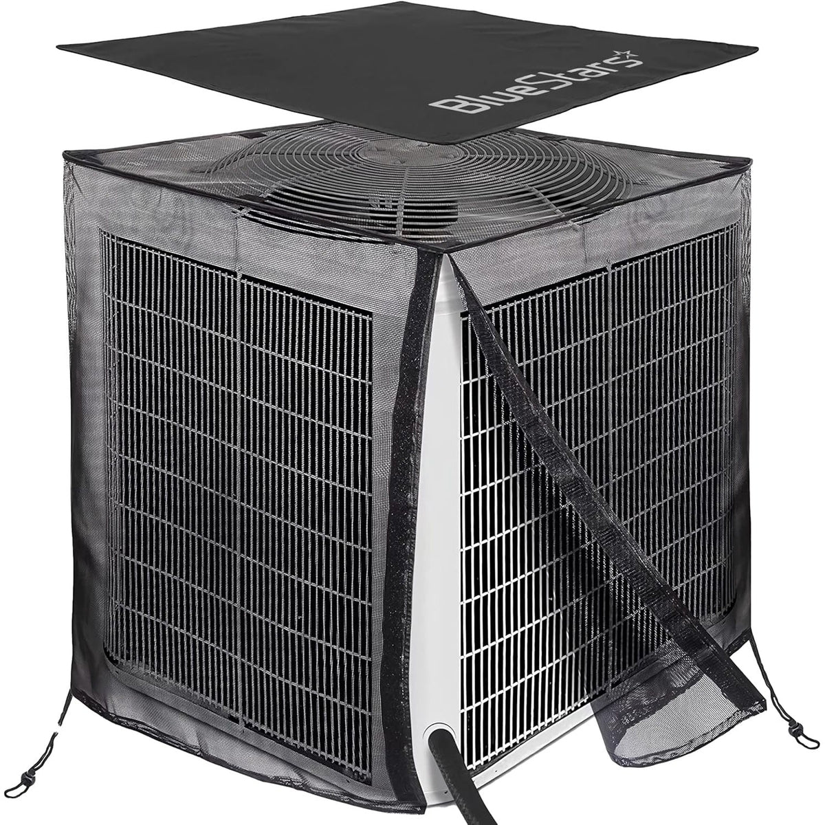 2-in-1 central AC cover with full mesh sides and a detachable waterproof top installed on an outdoor unit.