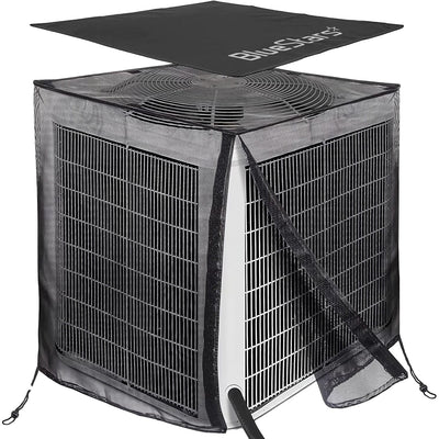 2-in-1 central AC cover with full mesh sides and a detachable waterproof top installed on an outdoor unit.