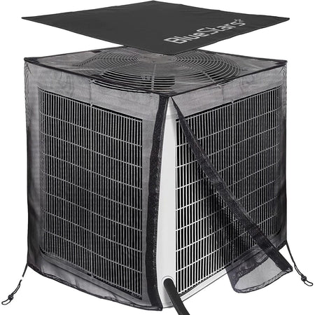 2-in-1 central AC cover with full mesh sides and a detachable waterproof top installed on an outdoor unit.