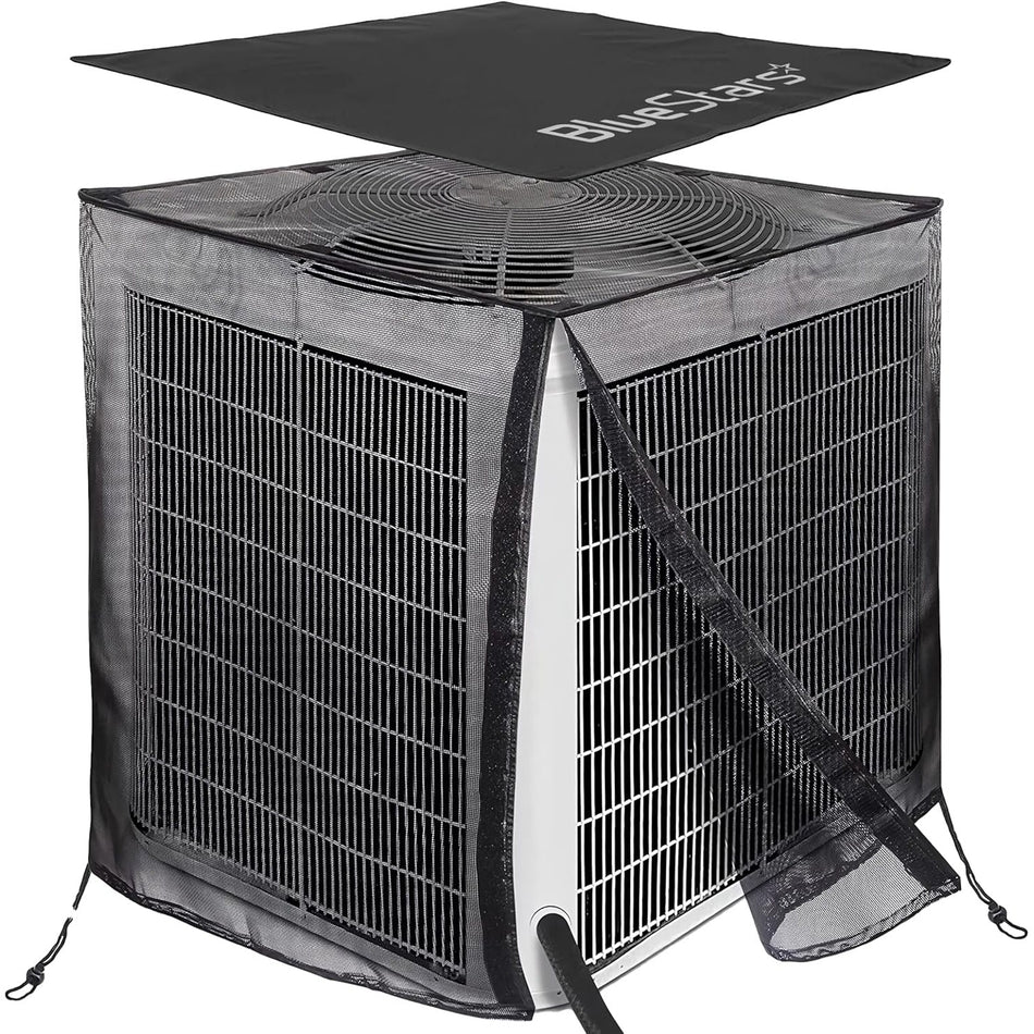2-in-1 central AC cover with full mesh sides and a detachable waterproof top installed on an outdoor unit.