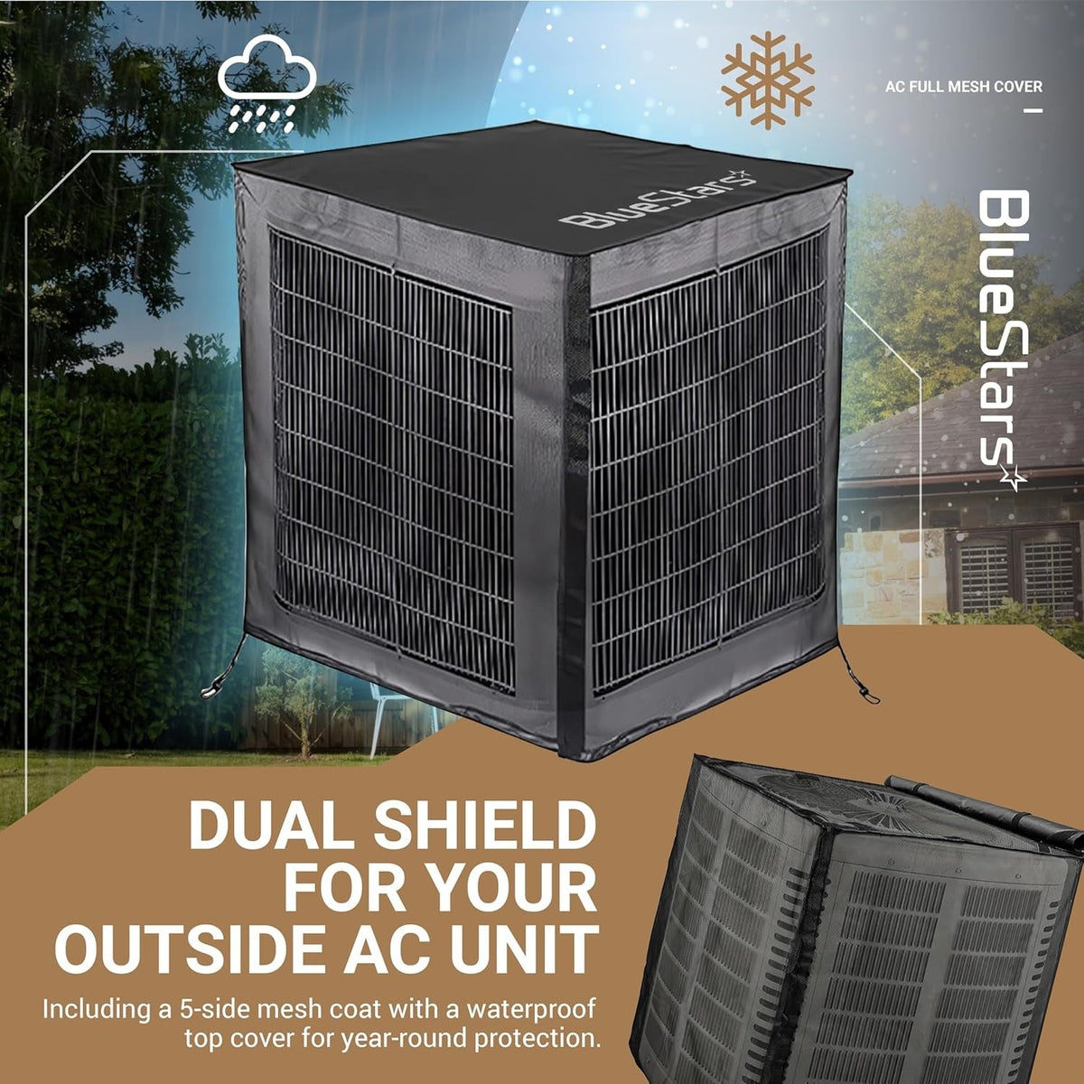 BlueStars 2-in-1 central air conditioner cover with full mesh sides and detachable waterproof top for outdoor units.