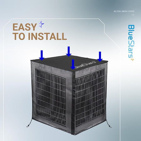 BlueStars 2-in-1 central air conditioner cover with mesh sides and detachable waterproof top installed on AC unit.