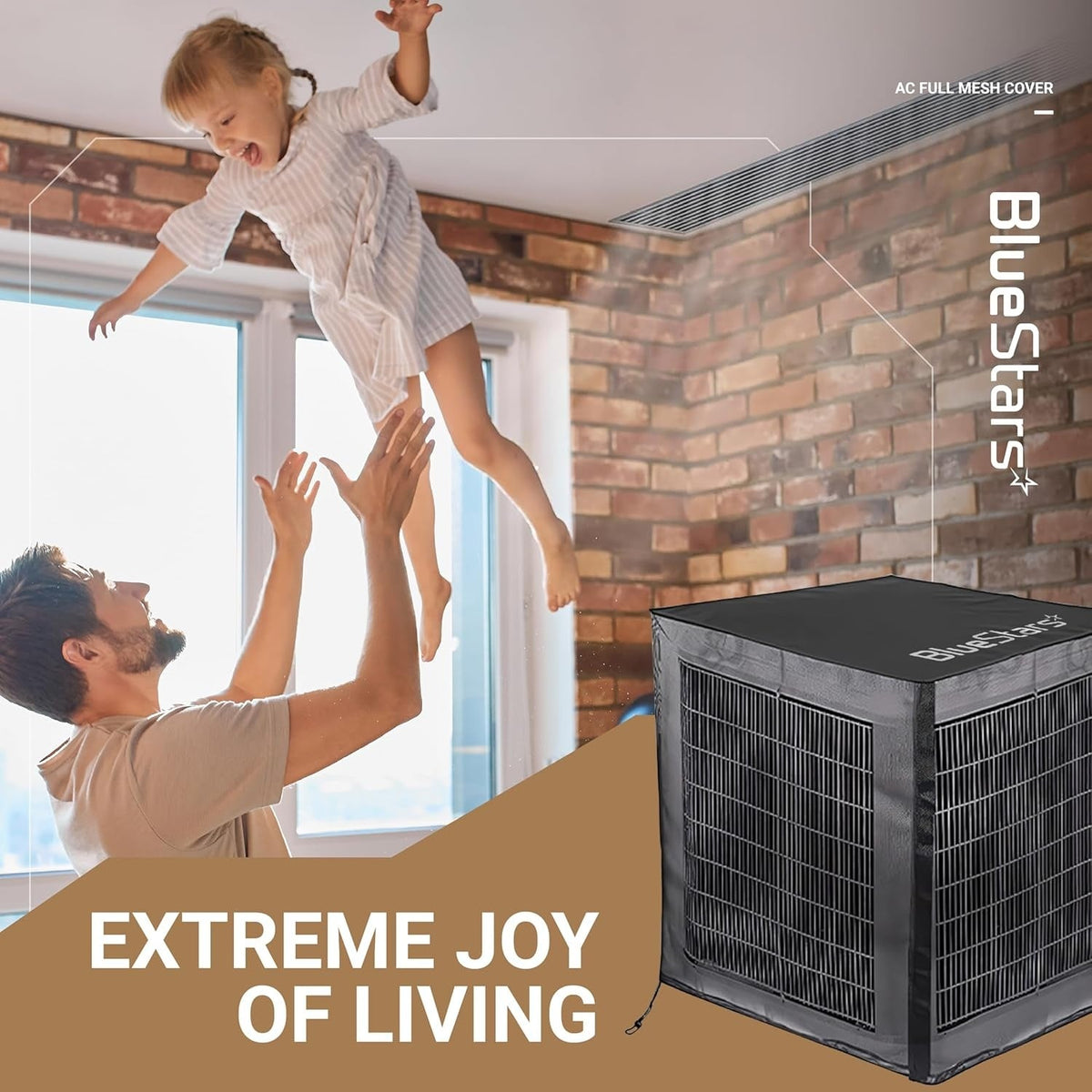 BlueStars 2-in-1 central air conditioner cover with full mesh design and waterproof top installed on an AC unit.