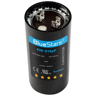Round 430-516 uF 220-250 VAC start capacitor for single-phase electric motors with top terminal view.