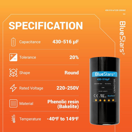 Specification chart for 430-516 uF 220-250 VAC round start capacitor for single-phase electric motors.