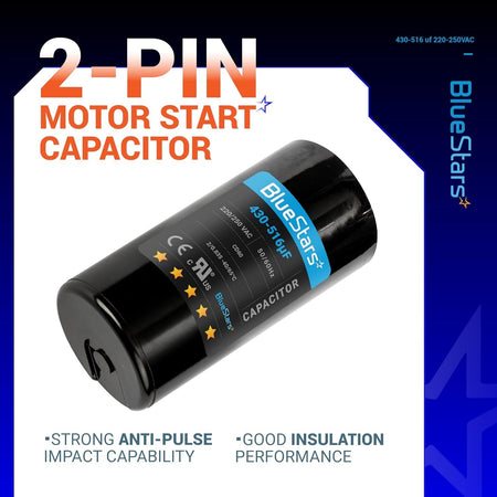 BlueStars 430-516 uF 220-250 VAC round motor start capacitor with 2-pin connector.