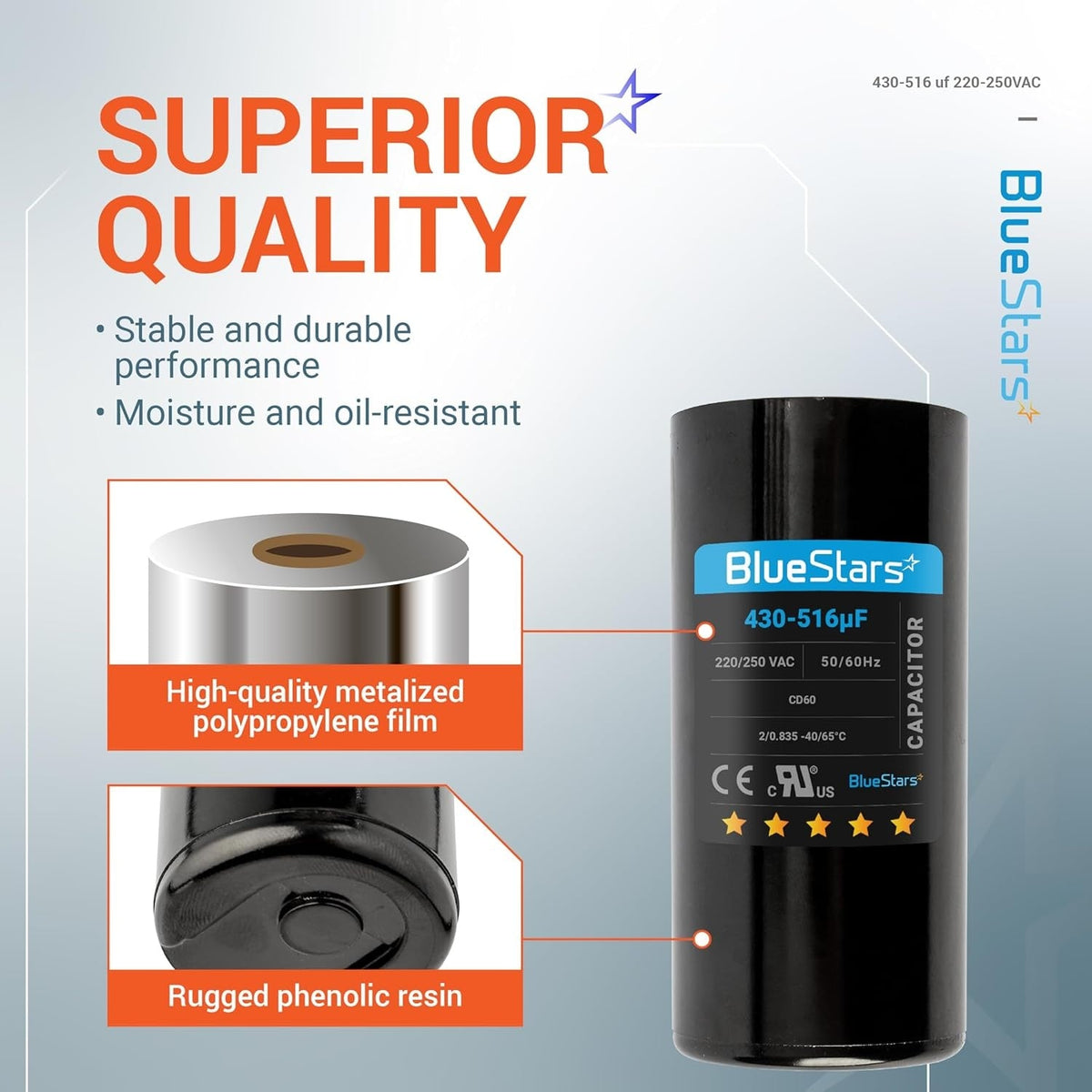 BlueStars 430-516 uF 220-250 VAC round start capacitor with detailed callouts of internal film and phenolic resin casing.