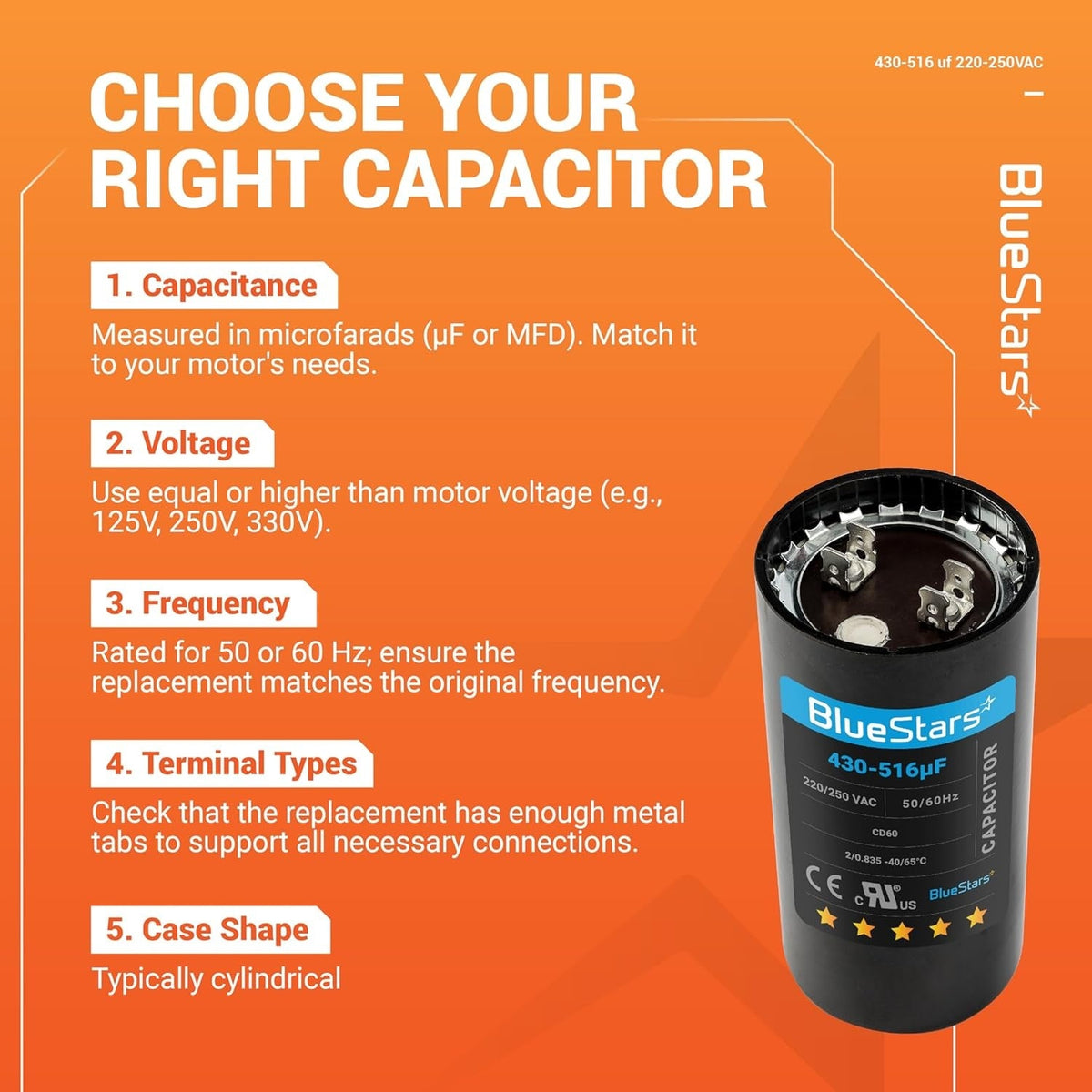 Educational infographic showing how to select a 430-516 uF 220-250 VAC round start capacitor for electric motors.