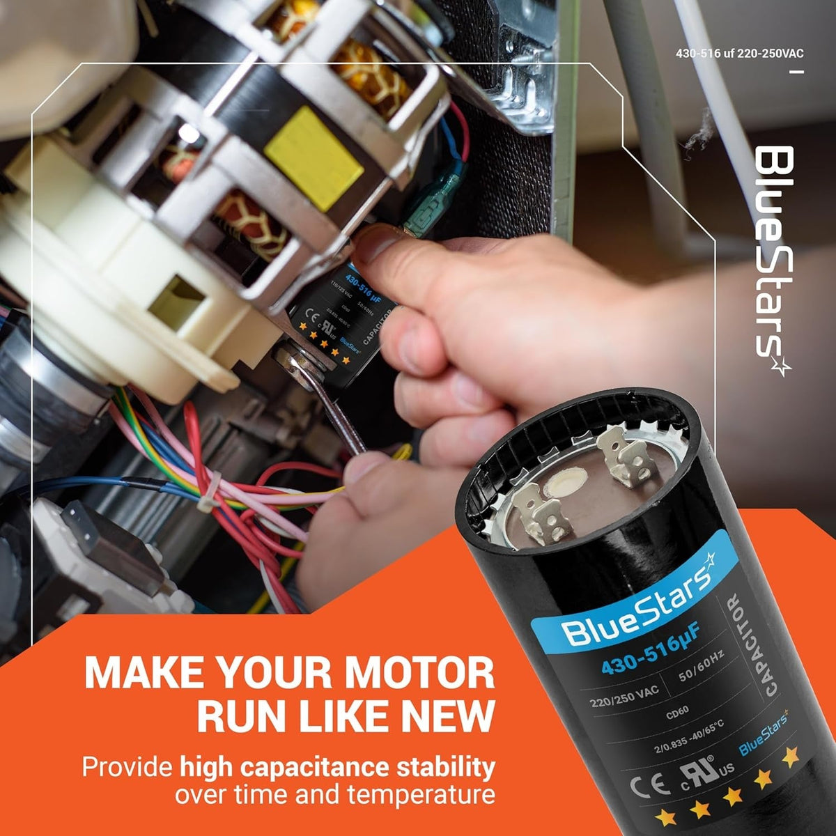 Technician installing a 430-516 uF 220-250 VAC round start capacitor into a single-phase electric motor.