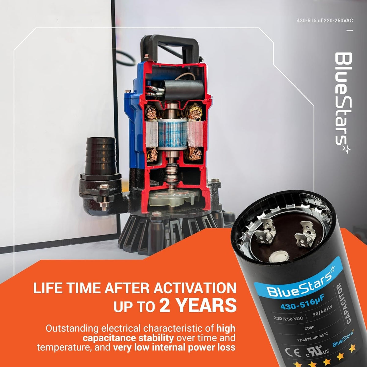 430-516 uF 220-250 VAC round start capacitor for single-phase electric motors shown with a cross-section pump display.