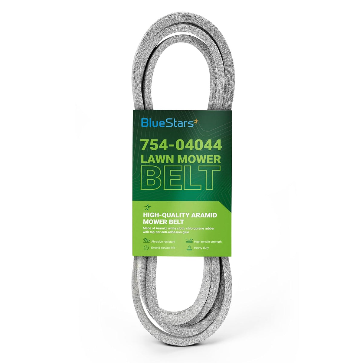 BlueStars 754-04044 mower deck belt in branded retail packaging.