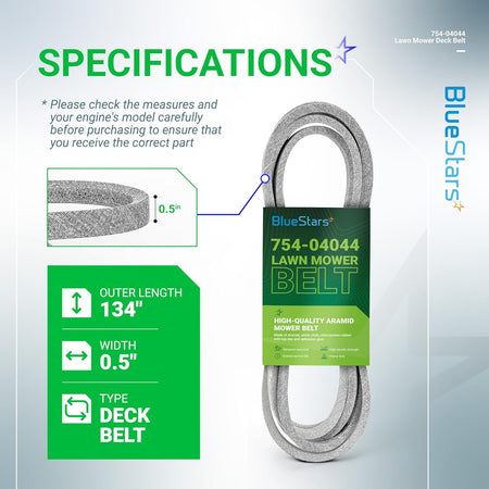 Specifications infographic for 954-04044A mower deck belt showing 1/2 inch width and 134 inch outer length.