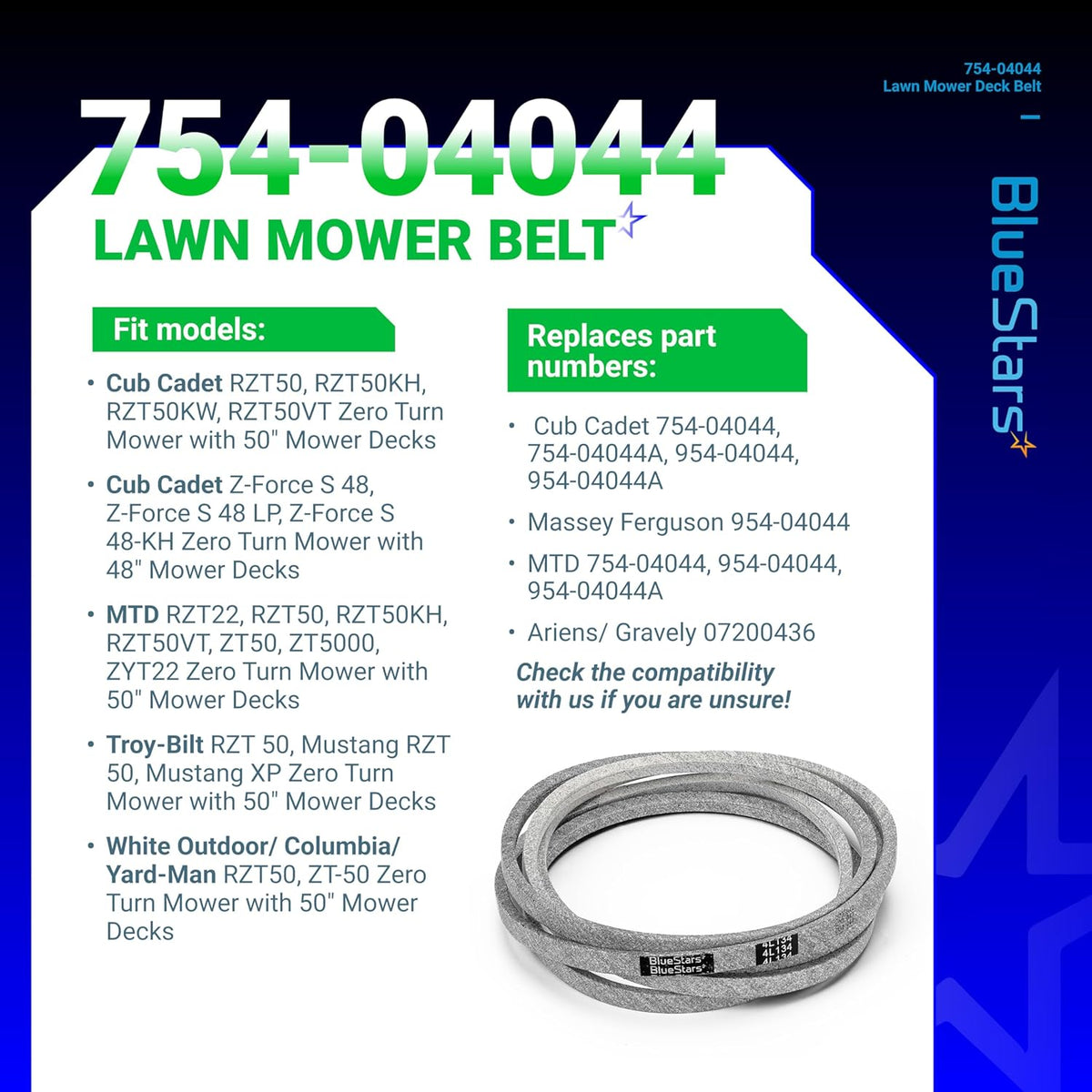 Infographic showing 754-04044 mower deck belt compatibility and replacement part numbers for zero-turn mowers.