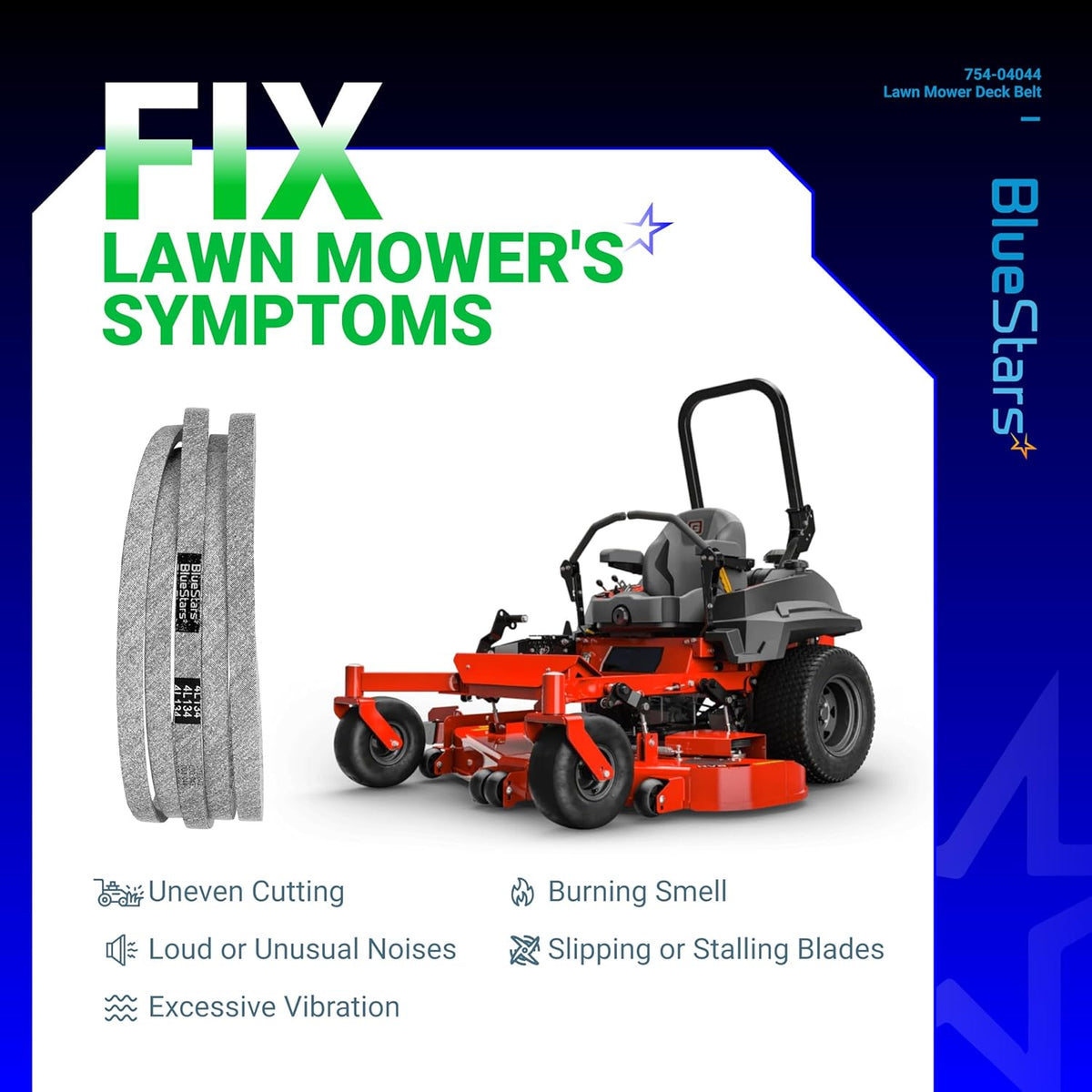954-04044A mower deck belt for MTD, Cub Cadet, and Troy-Bilt zero-turn mowers with symptom troubleshooting guide.