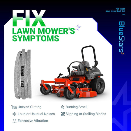 954-04044A mower deck belt for MTD, Cub Cadet, and Troy-Bilt zero-turn mowers with symptom troubleshooting guide.