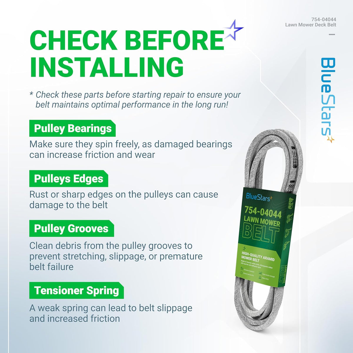 Informational graphic showing 754-04044 mower deck belt installation tips and maintenance checklist.