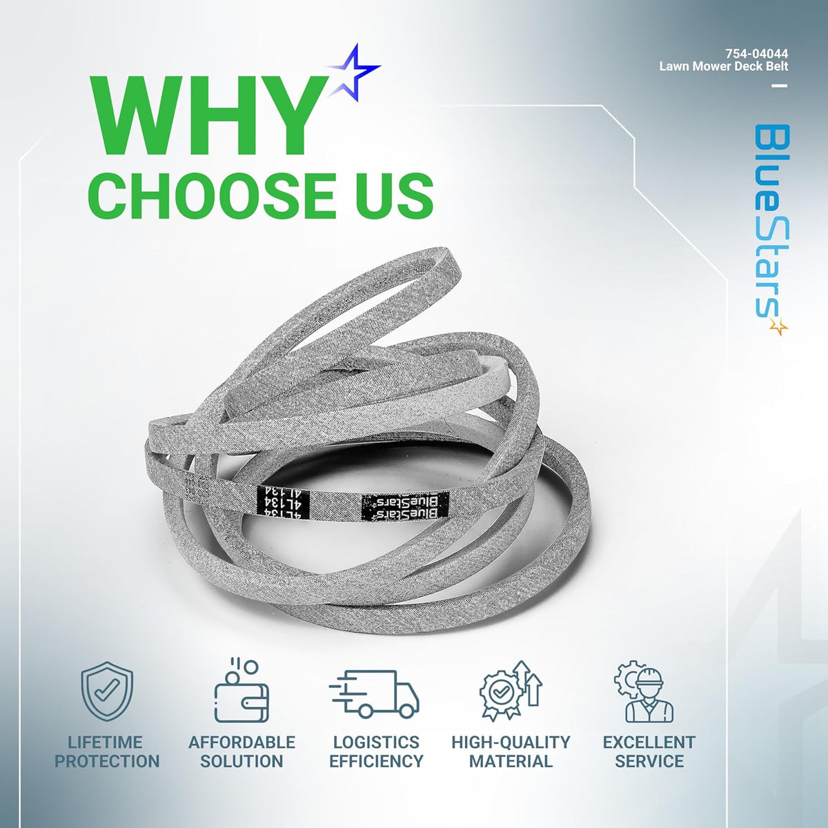 BlueStars 954-04044A mower deck belt coiled on a promotional graphic background.