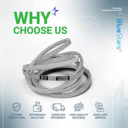 BlueStars 954-04044A mower deck belt coiled on a promotional graphic background.