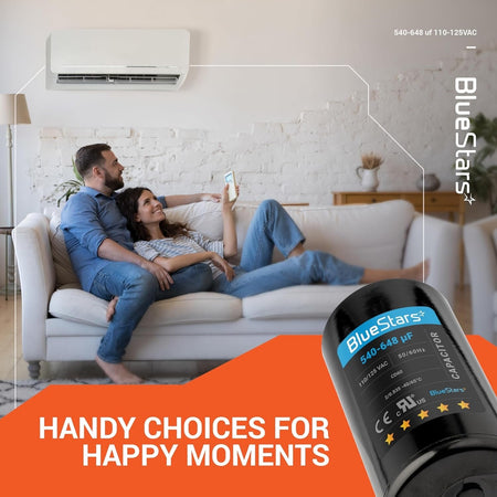 BlueStars 540-648 uF 110-125 VAC round start capacitor for heat pump motors shown in a lifestyle home setting.