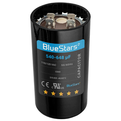 BlueStars 540-648 uF 110-125 VAC CD60 round start capacitor for single phase motors and heat pumps.