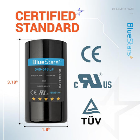 BlueStars 540-648 uF 110-125 VAC round start capacitor with dimensions labeled on a technical specification graphic.
