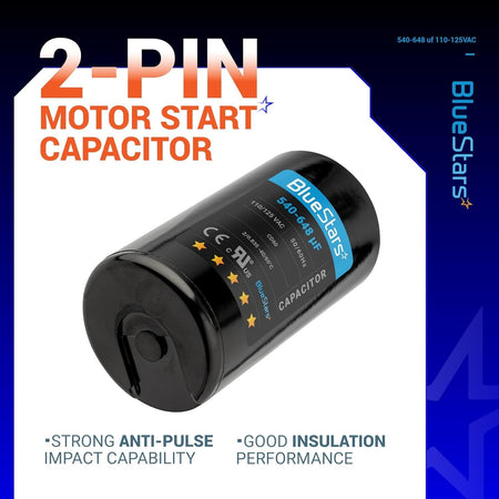 BlueStars 540-648 uF 110-125 VAC round motor start capacitor with 2-pin terminal design.